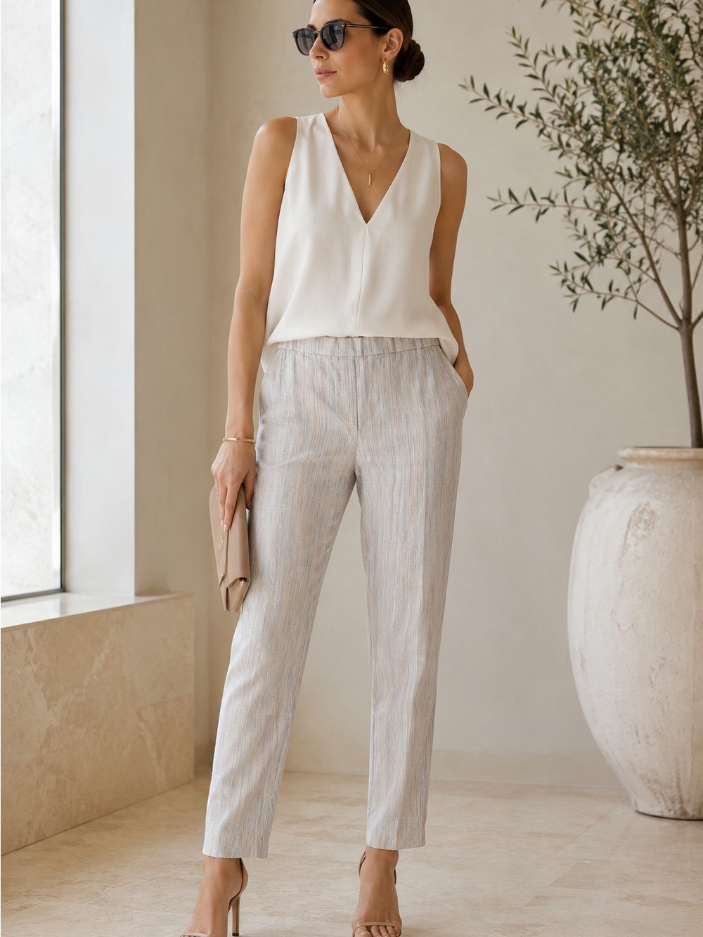 Theory Women's Cream Linen Blend with Light Striped Straight-Leg Pants Size 12